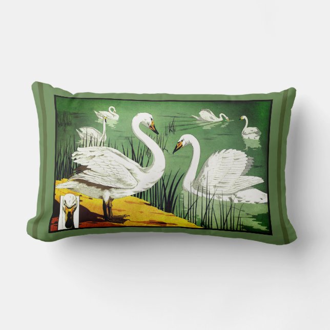 Verneuil Art Nouveau Design of Wild Swans Lumbar P Kussen (Voorkant)