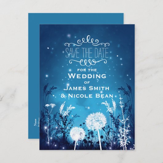 Vernieuwde Night Sky Stars & Foliage Blue Save Dat Aankondigingskaart (Voorkant / Achterkant)