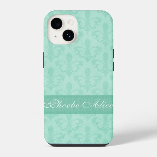 Vernoemd Fleur de Lis damast mintgroen iPhone Hoesje (Achterkant)