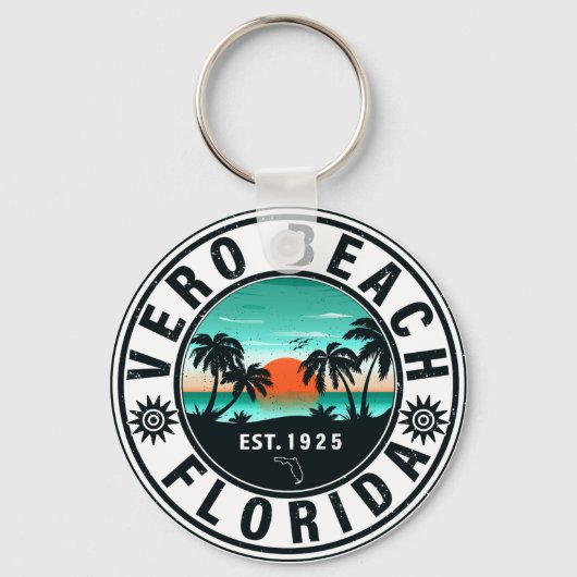 Vero Beach Florida Palm Tree Retro Sunset 60s Sleutelhanger (Voorkant)
