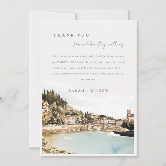 Verona Adige River Italië Waterverf Foto Bruiloft Bedankkaart (Voorkant)