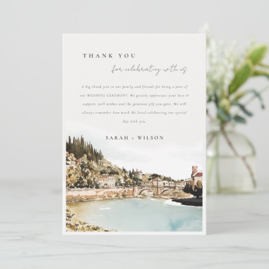 Verona Adige River Italië Waterverf Foto Bruiloft Bedankkaart (Staand voorkant)