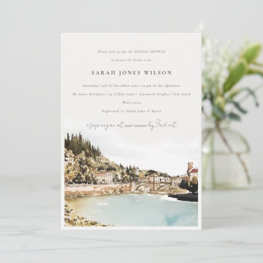 Verona Adige Rivier Italië Aquarel Bruidsdouche Kaart (Staand voorkant)