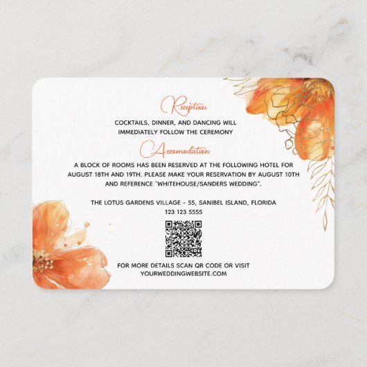 Verona Sunset Bloemen Goud QR Code Trouwdetails Informatiekaartje (Achterkant)