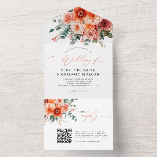 Verona Sunset Helder Sinaasappel Modern Bloemen Hu All In One Uitnodiging (Binnen)