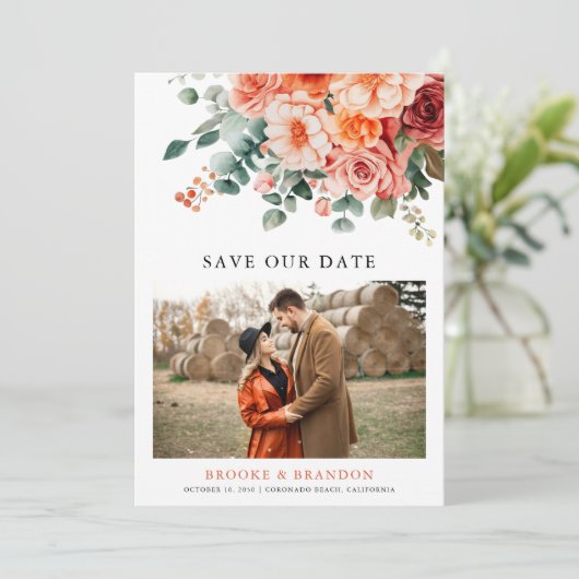 Verona Sunset Helder Sinaasappel Moderne Bloemenfo Save The Date (Staand voorkant)