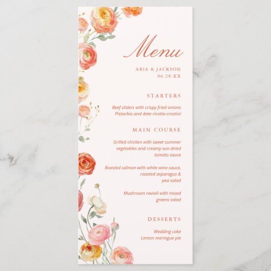 Verona Sunset Orange Floral Wedding Flat Menu (Voorkant)