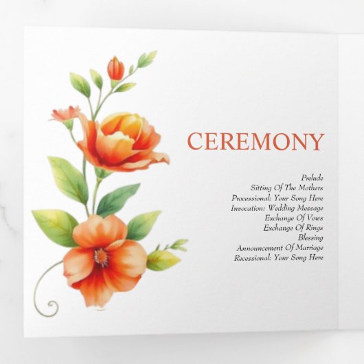 Verona Sunset oranje bloemen en foto bruiloft Drieluik Programma (Binnenzijde eerst)