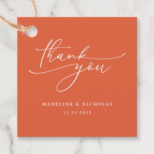 Verona Sunset Oranje kalligrafie bruiloft Dank u Bedankjes Labels (Voorkant)