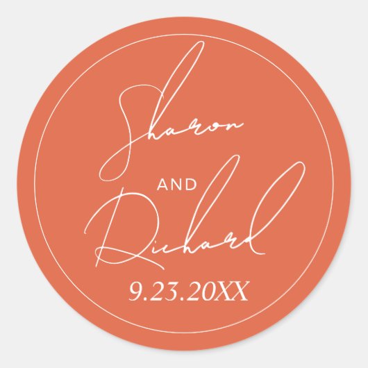 Verona sunset oranje script kalligrafie bruiloft ronde sticker (Voorkant)