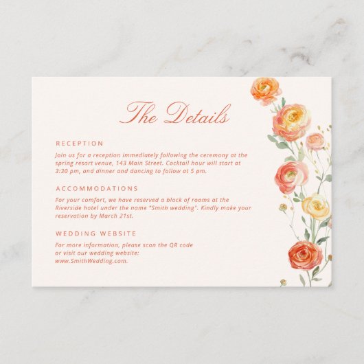 Verona Sunset Sinaasappel Wedding Details Informatiekaartje (Voorkant)