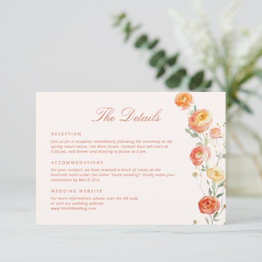 Verona Sunset Sinaasappel Wedding Details Informatiekaartje (Staand voorkant)