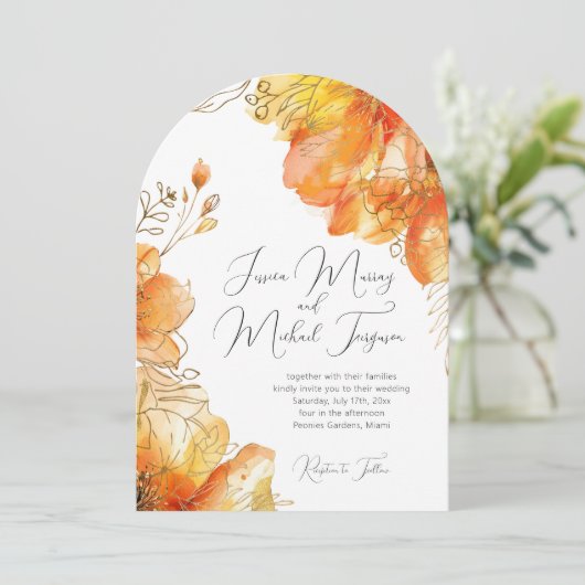 Verona Sunset Waterverf Floral Script Wedding Kaart (Staand voorkant)