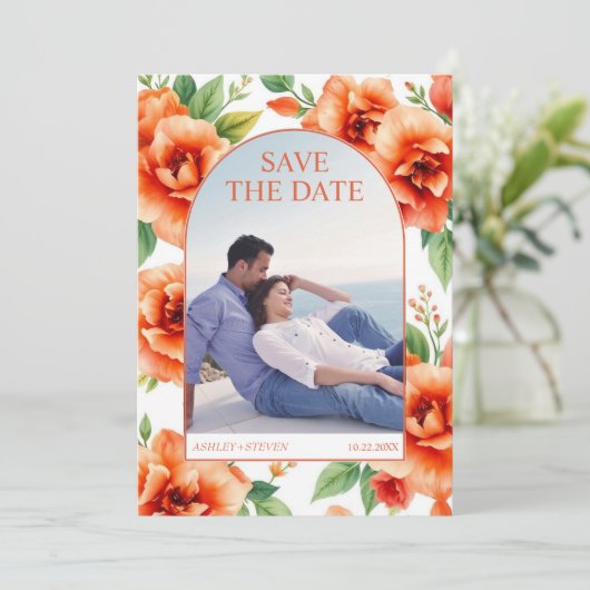 Verona zonsondergang sinaasappel bloemmotief trouw save the date (Staand voorkant)