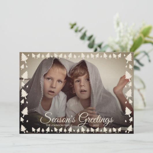 Verouderd goud "Season's Greetings" Foto Feestdagenkaart (Staand voorkant)