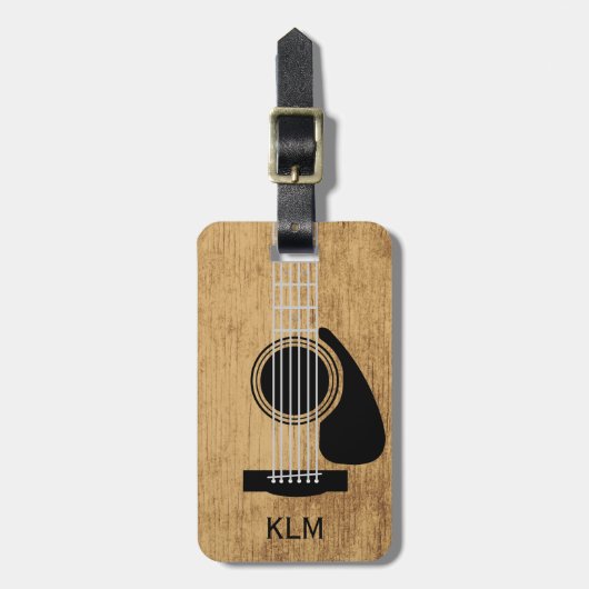 Verouderd houten akoestisch gitaar monogram bagagelabel (Voorkant verticaal)