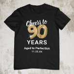 Verouderd tot perfectie 90ste verjaardag T-shirt<br><div class="desc">Aangepast zwart en goud negentigste verjaardag t-shirt met negentig gouden hellium ballonnen,  het gezegde "proost tot 90 jaar",  "age to perfection",  en de datum.</div>