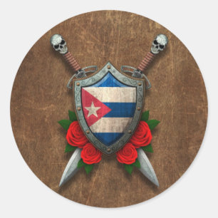 Verouderde Cubaanse vlaggenschild en zwaarden met  Ronde Sticker