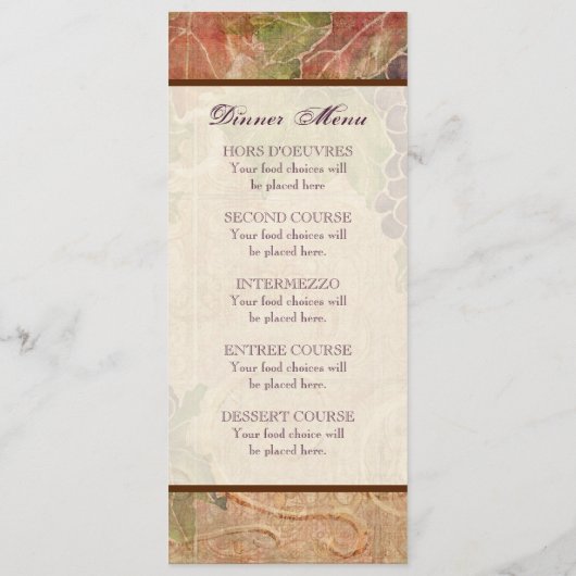 Verouderde druif wijngaard bruiloft diner menu (Achterkant)