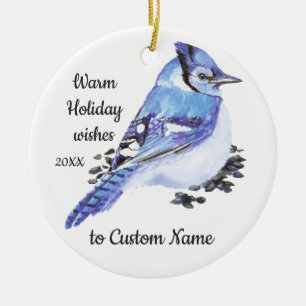 Verouderde kerst aangepaste waterverf blauwe gaai keramisch ornament