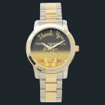 Verouderde manager zwart goud bedankt horloge<br><div class="desc">Elegant,  klassiek,  glamoureus en vrouwelijk. Een cadeau voor een gepensioneerde manager. Een faux goudkleurige boog en lint met gouden glitter en glans,  een beetje verbijsterend en luxe. Zwarte achtergrond. Met de tekst: Dank u,  sjablonen voor een naam en een beroep,  beroep.</div>