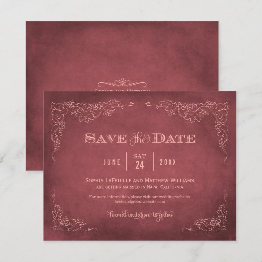 Verouderde rode  wijngaard rustieke bruiloft save the date (Voorkant / Achterkant)