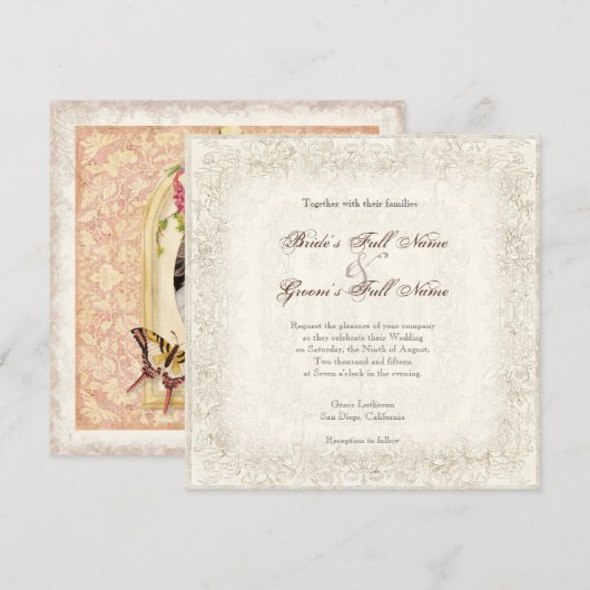 Verouderde Victoriaans Roos bruiloft uitnodiging (Voorkant / Achterkant)