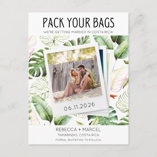 Verpak je bagage Costa Rica bruiloft met de datum Aankondigingskaart (Voorkant)