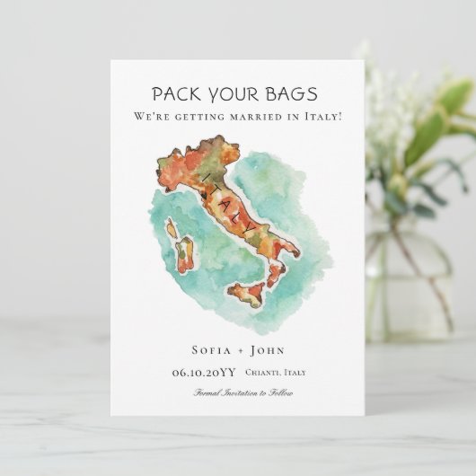 Verpak je tassen Italië bruiloft bestemming Save The Date (Staand voorkant)