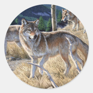 Verpakking van wolven in het bosschilderij ronde sticker