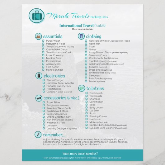 Verpakkingslijst: internationale reizen (1 volwass (Voorkant)