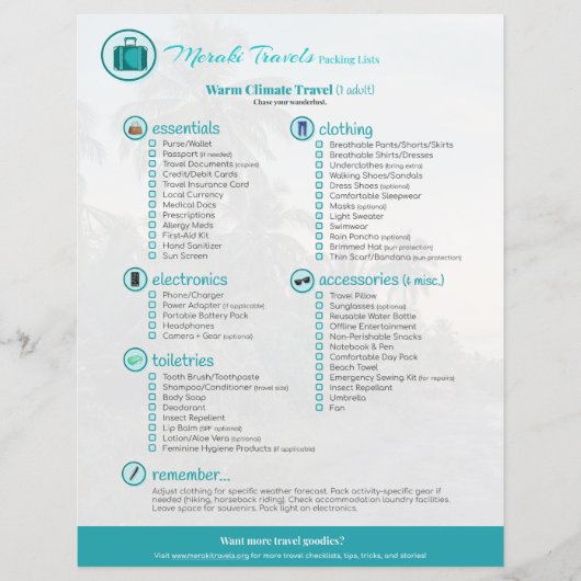 Verpakkingslijst: Warm Climate Travel (1 volwassen (Voorkant)
