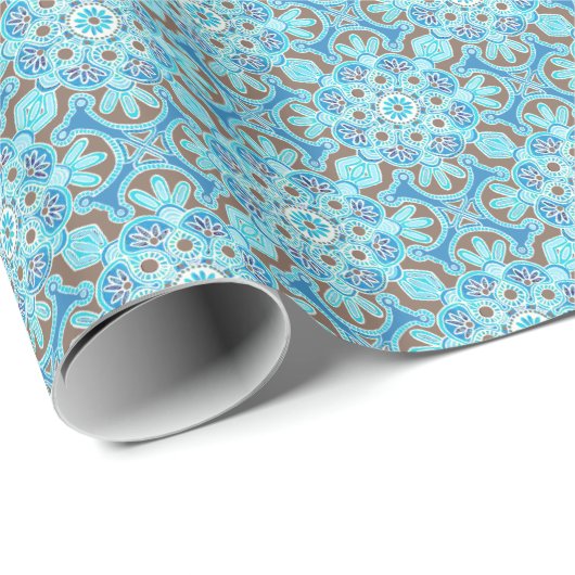 Verpakkingspapier met blauw medaillon cadeaupapier (Rol Hoek)