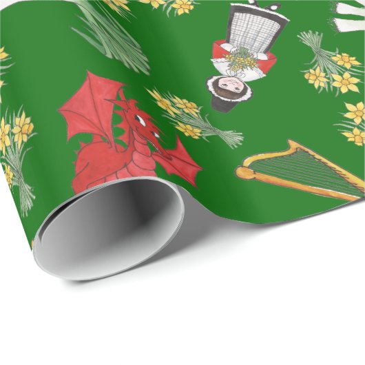 Verpakkingspapier: Welsh Dragons, Daffodils, Leeks Cadeaupapier (Rol Hoek)