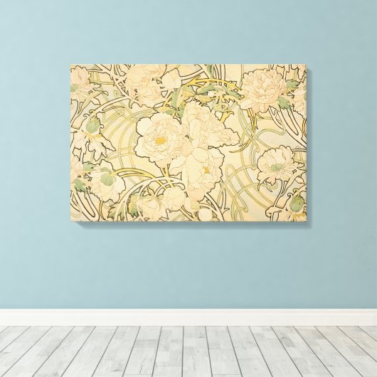 Verpakt Canvas Alphonse Mucha Peonies Pioen Rozen (Insitu (Houten vloer))