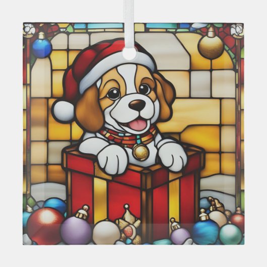 Verpakte Christmas Puppy Faux Glas in lood Glas Ornament (Voorkant)
