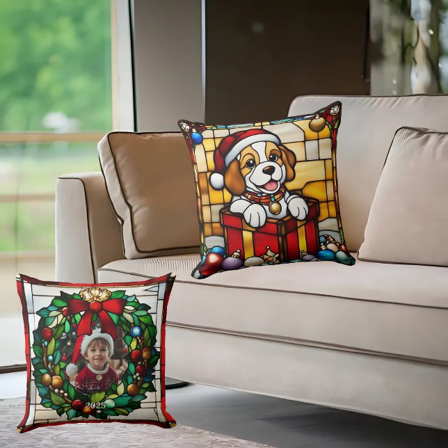 Verpakte Christmas Puppy Faux Glas in lood Kussen (Creator heeft geüpload)