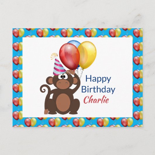Verpersoonlijk Happy Birthday Monkey and Balloons  Briefkaart (Voorkant)