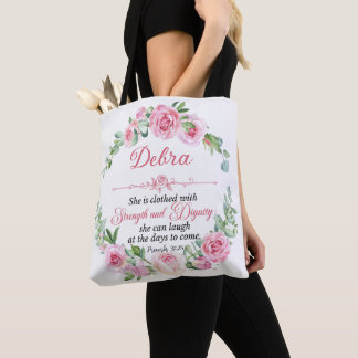 Verpersoonlijk Prov 31:25 Moederdag Roze Roos Tote Bag
