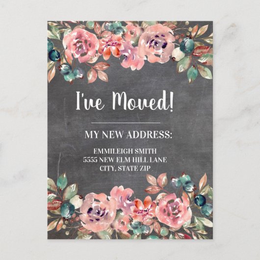 Verplaatsende Aankondiging  Chalkboard Roze Floral Briefkaart (Voorkant)