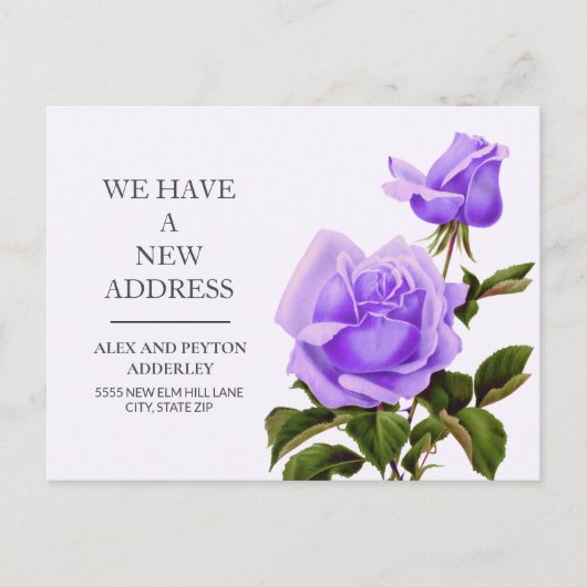 Verplaatsende Aankondiging Paarse  Floral Rozen Briefkaart (Voorkant)