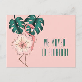 Verplaatst naar Florida Flamingo Monstera Leaf Pin Aankondigingskaart