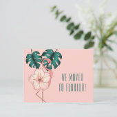 Verplaatst naar Florida Flamingo Monstera Leaf Pin Aankondigingskaart (Staand voorkant)