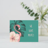 Verplaatst naar Florida Pink Flamingo Monstera Lea Aankondigingskaart (Staand voorkant)