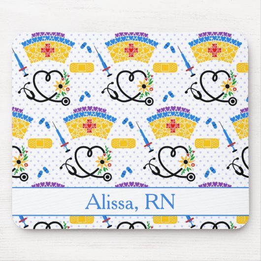 Verpleeggereedschap op Blue Polka Dots Monogram Muismat (Voorkant)