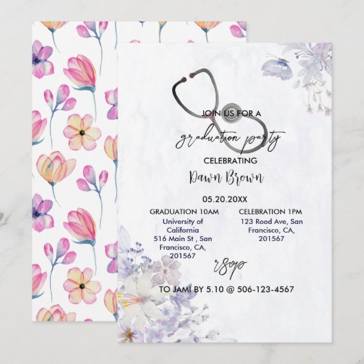 Verpleegkundepartij Waterverf Paarse Floral Kaart (Voorkant / Achterkant)