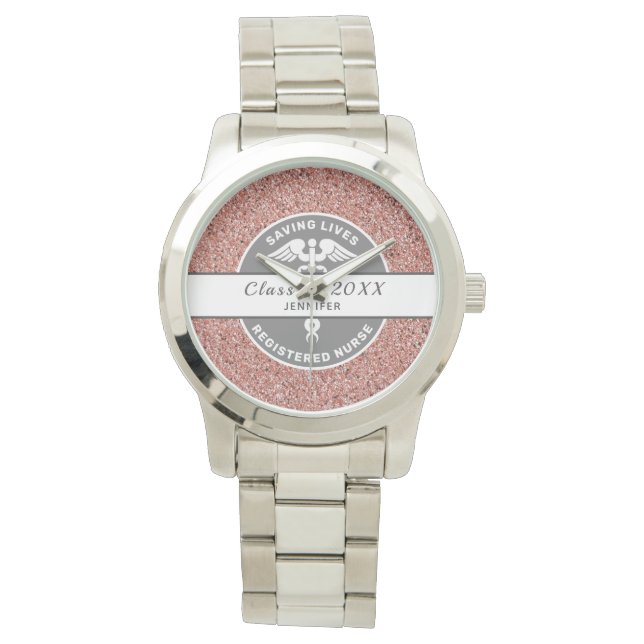 Verpleegkundig Afstuderen RN Roze Glitter Aangepas Horloge (Voorkant)