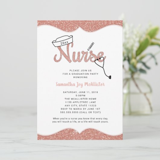 Verpleegkundige afstudeerfeest, roos gouden glitte kaart (Staand voorkant)