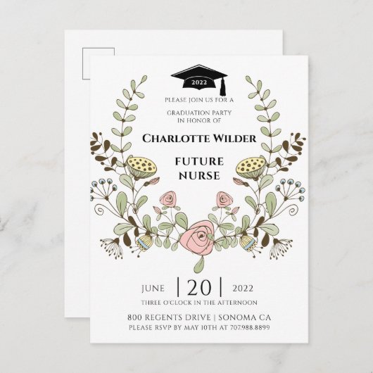 Verpleegkundige Afstuderen 2022 Floral Laurel Uitnodiging Briefkaart (Voorkant / Achterkant)