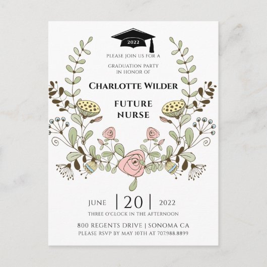 Verpleegkundige Afstuderen 2022 Floral Laurel Uitnodiging Briefkaart (Voorkant)